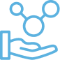 Hand with three interlocking circles icon in blue