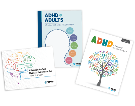 Three books about ADHD with Tris Pharma's logo